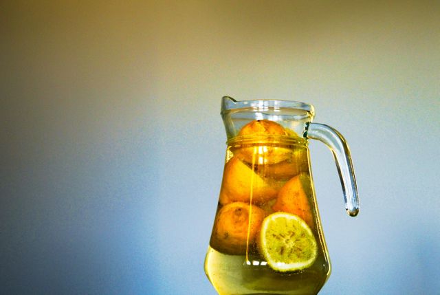 Lemon water in a transparent glass pitcher, highlighting fresh citrus slices. Perfect for themes on hydration, healthy living, and refreshing beverages. Ideal for articles, blogs, or advertisements related to wellness, fitness, and summer drinks.