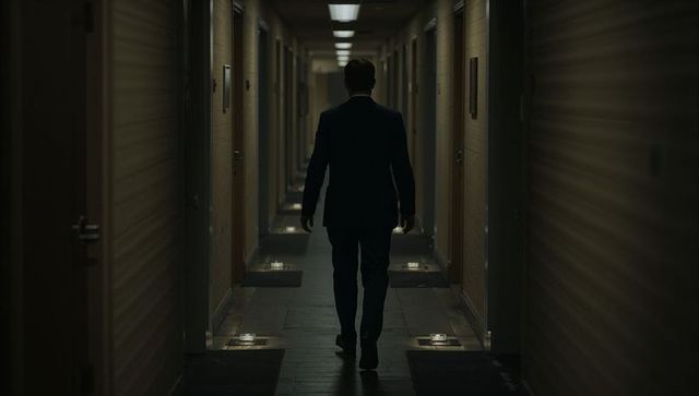 Executive walking down dim hotel corridor, moody silhouette with dramatic leading lines