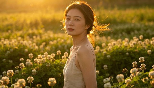 Asian woman turning toward camera standing sunlit clover field wearing linen dress