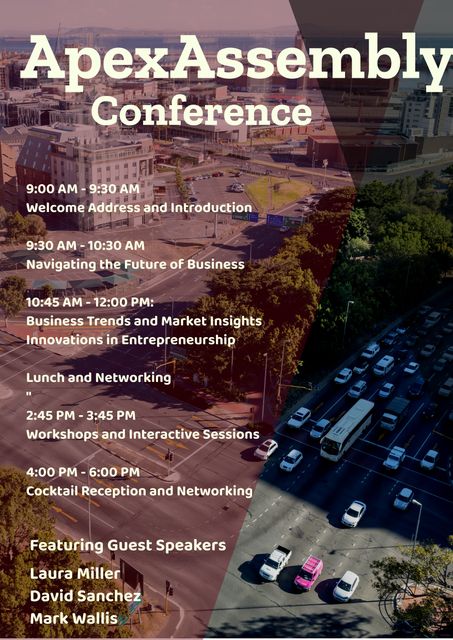 Conference schedule highlighting major events such as welcome address, market insights, workshops, and cocktail reception. Cityscape backdrop emphasizes a professional, urban environment. Ideal for promoting business or entrepreneur-focused conferences, networking sessions, speaker panels, and educational workshops.