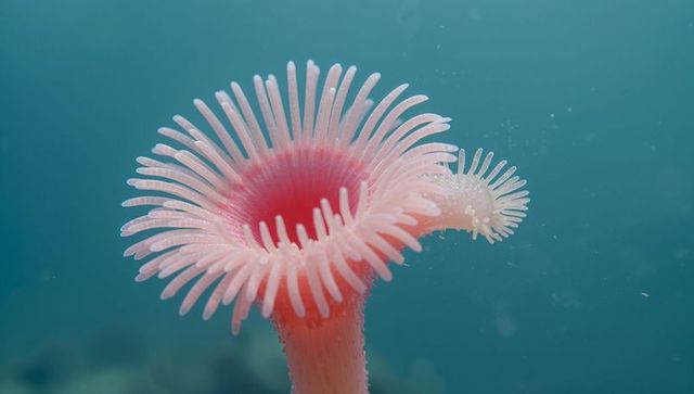 Vivid pink tube anemone waving delicate tentacles in turquoise ocean closeup