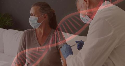 Mature woman receiving vaccine at home from masked clinician with DNA double exposure