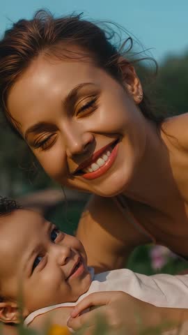 Sunlit mother smiling, baby reaching in grass with yellow wildflowers — vertical video