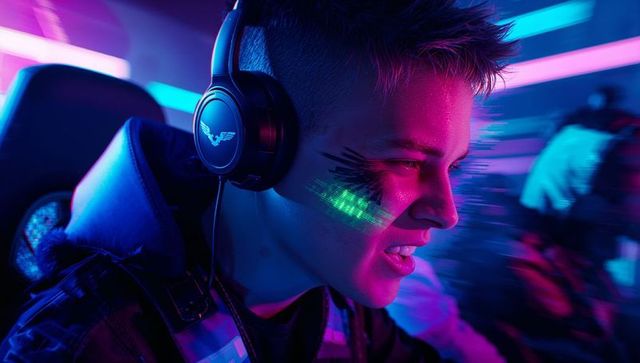 Teenage Gamer Immersed in Neon-lit Cyberpunk Gaming Arena