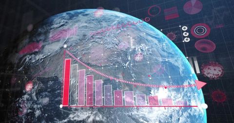 Earth with Falling Bar Chart and Virus Icons Representing Global Data and Pandemic