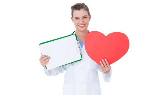 Happy Doctor Holding Transparent Heart Card and Clipboard