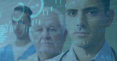 Medical professionals with data overlay visualizing modern healthcare