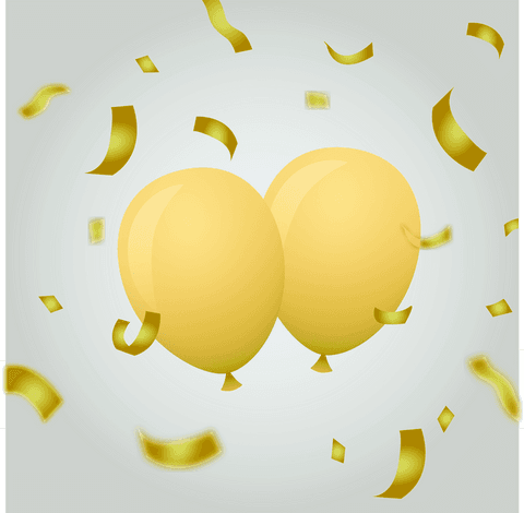 Celebratory yellow balloons with confetti bouncing on transparent background