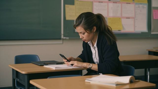 Focused student studying with smartphone and papers on desk in classroom for e-learning