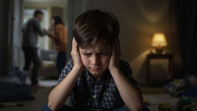 Sad boy covering ears as parents argue in background