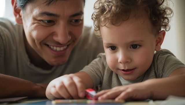 Father Watching Toddler Playing with Toy Car Close-Up Bonding Moment Home Cozy Everyday