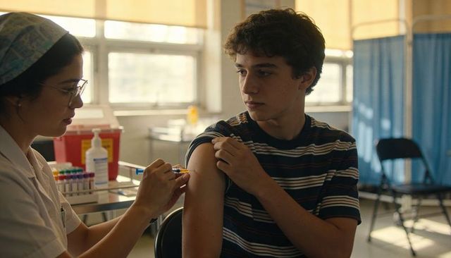 Teen receiving vaccine from nurse in clinic protecting health and preventing illness