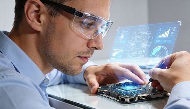 Engineer examining pcb with precision probe and augmented reality diagnostic hud