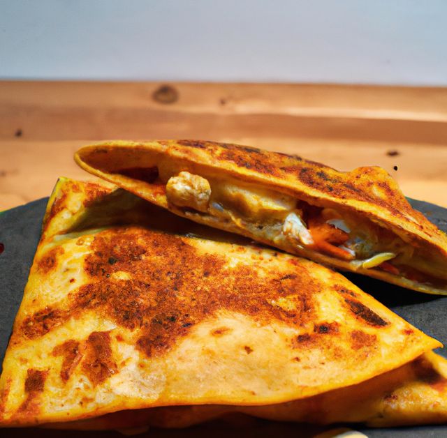 Close up of fresh quesadilla filled with vegetables and sauce - Download Free Stock Photos Pikwizard.com