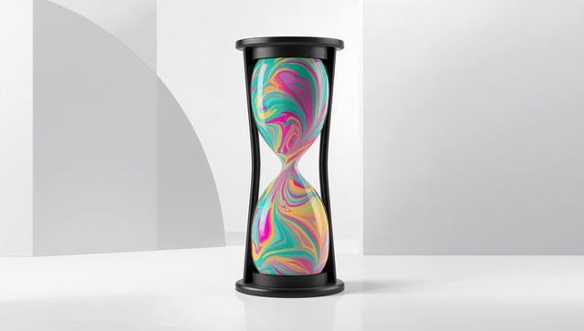 Modern hourglass with swirling pastel fluid in minimalist setting