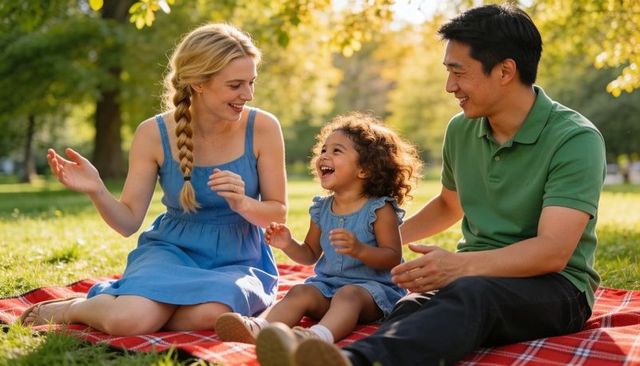 Laughing family enjoying sunny picnic on red plaid blanket in park during golden hour