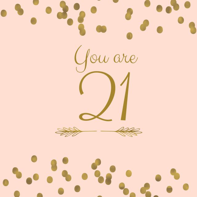 Stylish golden typography with confetti on a pastel pink background for a 21st birthday invitation. Ideal for celebrating milestones with sophistication. Use for printed birthday cards, digital invitations, or social media announcements to mark a special occasion.