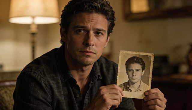 Man holding vintage sepia portrait gazing thoughtfully in warm nostalgic home interior
