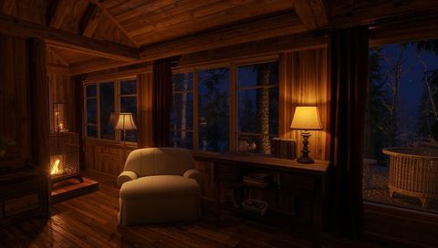 Cozy Rustic Cabin Living Room at Night with Beige Armchair, Fireplace and Warm Lamps