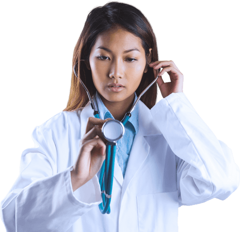 Serious Asian Doctor with Stethoscope on Transparent Background