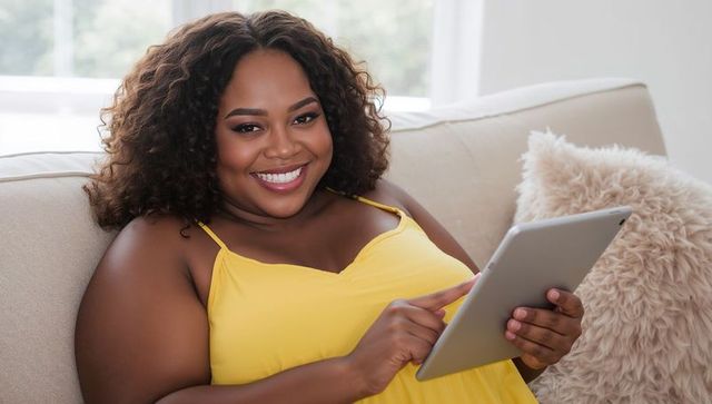 Smiling plus-size woman reclining on beige sofa tapping tablet in bright home