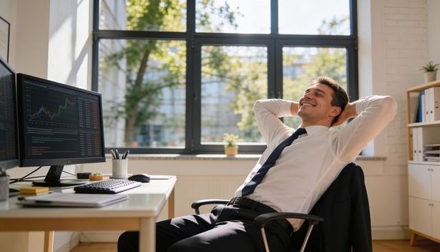 Business professional leaning back smiling at desk with dual monitors showing stock charts