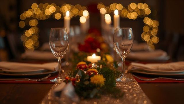 Festive dinner table with candlelight and sparkling glassware for holiday entertaining