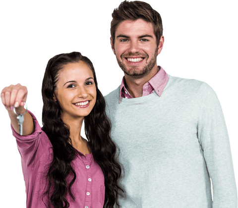 Smiling Couple Holding Keys Celebrating Move on Transparent Background