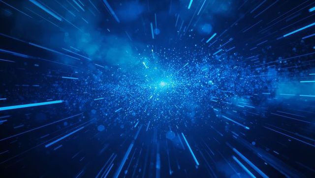 Radiating blue particle burst with radial light streaks in futuristic data tunnel