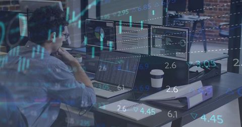 Man analyzing market data on laptop with multiple monitors and candlestick chart overlays