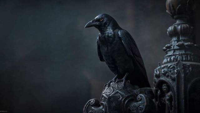 Black Crow Perching on Gothic Cemetery Post at Night