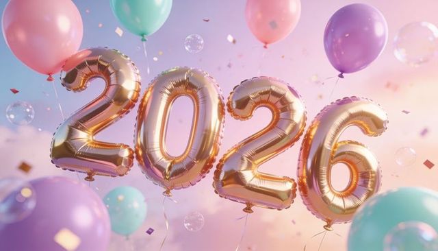 Floating gold 2026 foil balloons with pastel latex balloons, confetti and bubbles
