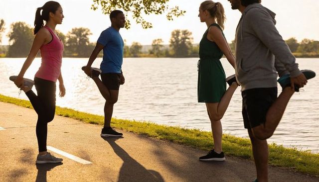 Four adults stretching and balancing on lakeside path during golden hour