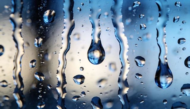 Blue raindrops reflecting light on glass with vertical water streaks and bokeh