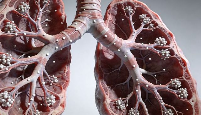 Detailed 3d medical illustration showing human lungs with trachea, bronchi and alveoli