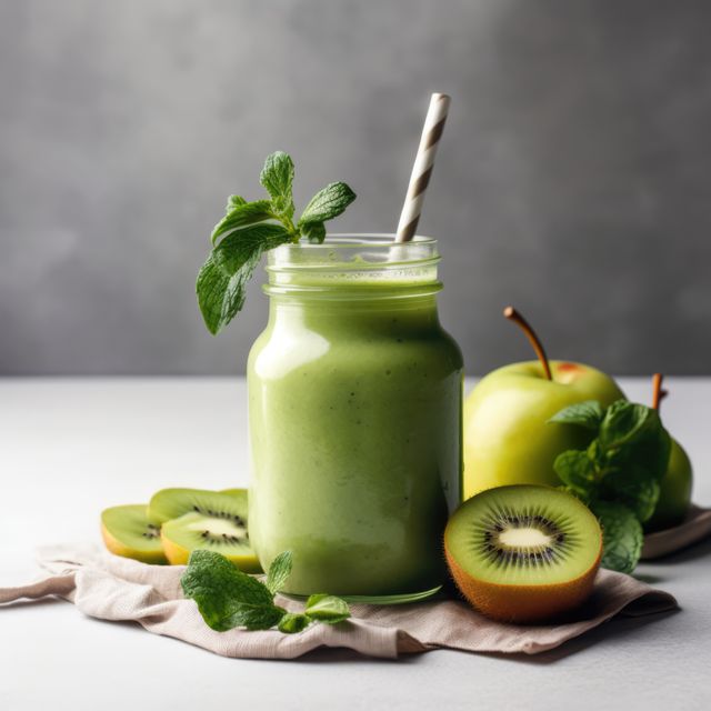 Green fruit smoothie and fruit on grey background, created using generative ai technology. Fruit smoothie, food and drink, healthy eating concept digitally generated image.