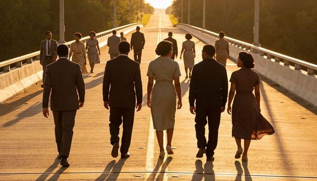 Mid-century group walking across bridge at golden hour, retro dresses and suits