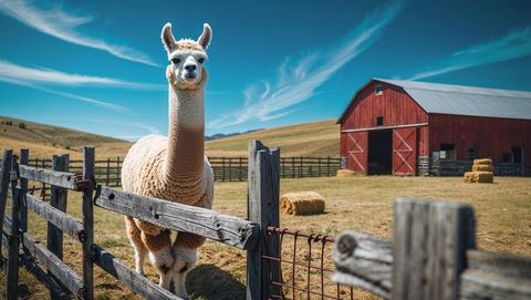 Majestic Llama in Pastoral Countryside with Rustic Red Barn - Download Free Stock Images Pikwizard.com
