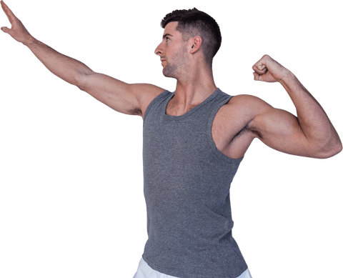 this image depicts a fit caucasian man in an athletic pose displaying his biceps and looking upwards. he is wearing a sleeveless sports shirt and appears confident and strong. this transparent image is ideal for fitness-related designs, wellness promotions, and marketing materials focusing on strength and healthy living.
