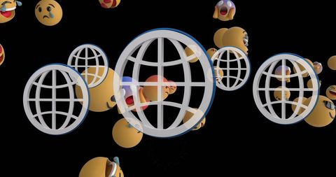 Floating globes with emojis highlighting global communication concept
