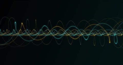 Cyan and Yellow Neon Waveform Moving Across Dark Gradient, Glowing Frequency Trails