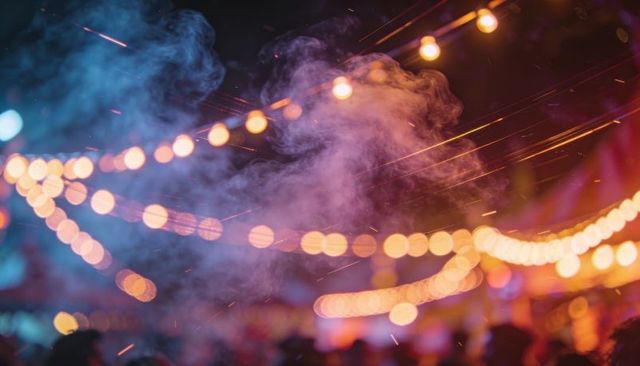 Glowing smoke creating bokeh string lights at night festival carnival atmosphere neon urban