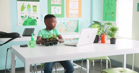 African American boy holding seedlings while using laptop in classroom learning eco skills