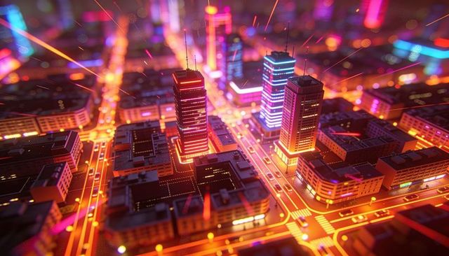Neon metropolis glowing with led-lined towers and cyberpunk light trails at night
