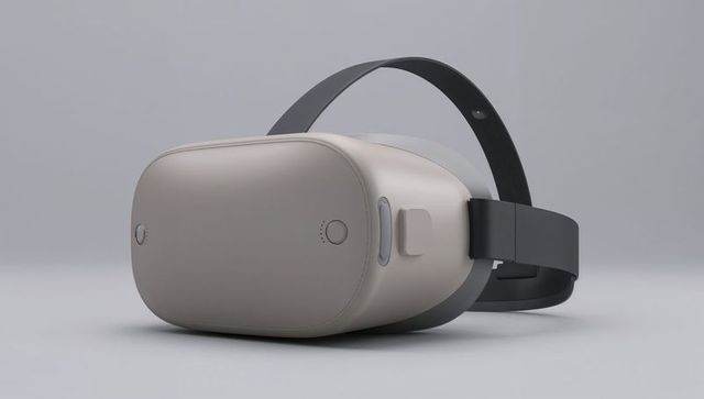 Sleek consumer vr headset with front sensors and dark strap on studio tabletop