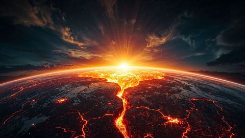 Molten lava fissure on volcanic cracked planetary surface from orbit