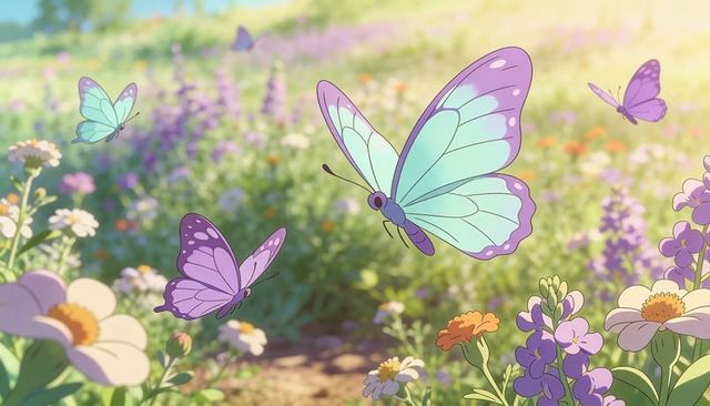 Turquoise purple butterflies fluttering over sunlit wildflower meadow pastel bokeh illustration