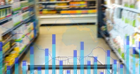 Digital Data Visualization Over Shopping Trolley in Supermarket