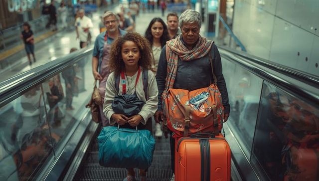 Multicultural family traveling at airport moving walkway
