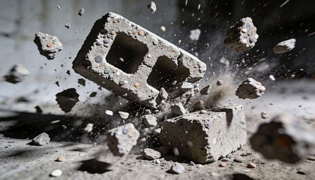 Cinder block shattering in midair with flying concrete fragments, dust and motion blur